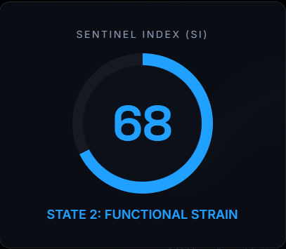 Sentinel Index dashboard crop showing a state score and functional strain classification